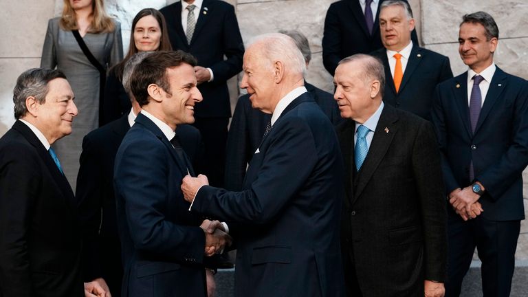 U.S. President Joe Biden, front right, speaks with French President Emmanuel Macron, front left, prior to a group photo during an extraordinary NATO summit at NATO headquarters in Brussels, Thursday, March 24
PIC:AP