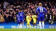 Brentford's Christian Eriksen celebrates scoring their side's second goal of the game during the Premier League match at Stamford Bridge, London. Picture date: Saturday April 2, 2022.