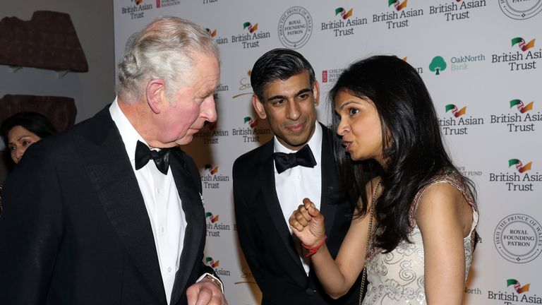 The Prince of Wales speaks to Chancellor of the Exchequer Rishi Sunak and Akshata Murthy as they attend a reception to celebrate the British Asian Trust at the British Museum, in London. Picture date: Wednesday February 9, 2022.
