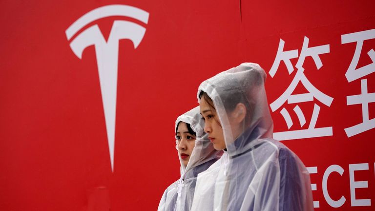 FILE PHOTO: The Tesla logo is seen at the groundbreaking ceremony of Tesla Shanghai Gigafactory in Shanghai, China January 7, 2019. REUTERS/Aly Song/File Photo
