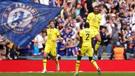 Chelsea's Ruben Loftus-Cheek (right) celebrates scoring their side's first goal of the game with team-mates during the Emirates FA Cup semi final match at Wembley Stadium, London. Picture date: Sunday April 17, 2022.

