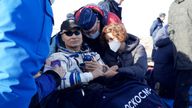 In this photo released by Roscosmos Space Agency, NASA astronaut Mark Vande Hei sits in a chair shortly after the landing of the Russian Soyuz MS-19 space capsule southeast of the Kazakh town of Zhezkazgan, Kazakhstan, Wednesday, March 30, 2022. The Soyuz MS-19 capsule landed upright in the steppes of Kazakhstan on Wednesday with NASA astronaut Mark Vande Hei, Russian Roscosmos cosmonauts Anton Shkaplerov and Pyotr Dubrov. (Alexander Pantiukhin, Roscosmos Space Agency via AP)