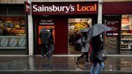 People walk past a Sainsbury's Local in London, Monday, April 30, 2018. Pic: AP