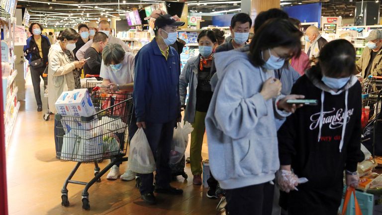 People hoard food and daily necessities in case of Covid-19 lockdown as a large number of Covid-19 infections has surged in China on April 25, 2022.  The Beijing Health Bureau has requested all 3.45 million residents and commuters to have mandatory PCR tests three times five days.  ( The Yomiuri Shimbun via AP Images )
PIC:AP