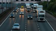 Evening traffic on the British motorway M1 near junction 9.