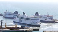 Three P&O ferries, Spirit of Britain, Pride of Canterbury and Pride of Kent moor up in the cruise terminal at the Port of Dover in Kent as the company has suspended sailings ahead of a "major announcement" but insisted it is "not going into liquidation". Picture date: Thursday March 17, 2022.
