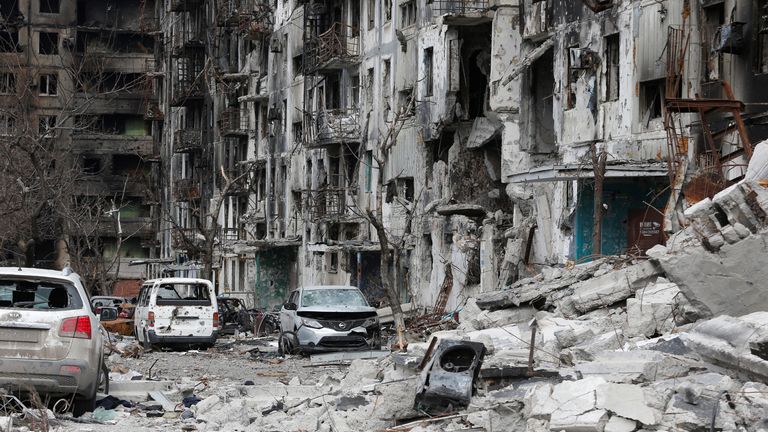 A view shows a destroyed apartment building in Mariupol
