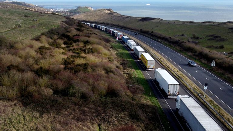 Lorries queue for the Port of Dover in Kent, as the Dover TAP is enforced due to the high volume of lorries waiting to cross the Channel. Dover TAP is a temporary traffic management system which queues port-bound lorries in the nearside (left) lane of the A20 to prevent Dover becoming congested with traffic and helping to improve its air quality. Picture date: Tuesday February 8, 2022.
