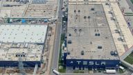 An aerial view of Tesla Gigafactory Three in Shanghai, China Sunday, July 11, 2021.