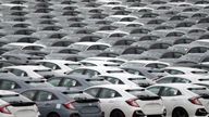 General view of Honda Civic cars lines up ready for export at the Western Docks at the Port of Southampton