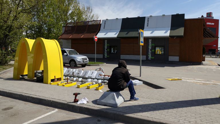  dismantled McDonald's Golden Arches after the logo signage was removed from a drive-through restaurant of McDonald's in Khimki outside Moscow