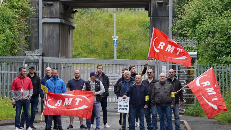 A picket line is seen outside of the Network Rail Maintenance Delivery Unit and West of Scotland Signal Centre in Cowlairs, Glasgow, as members of the Rail, Maritime and Transport union begin their nationwide strike in a bitter dispute over pay, jobs and conditions. Picture date: Tuesday June 21, 2022.