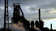 Blast furnaces of the Tata Steel plant seen at sunset in Port Talbot 25/10/2016