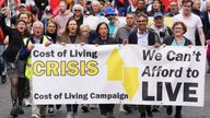 Sinn Fein leader Mary Lou McDonald (centre) takes part in a march in Dublin's city centre organised by the Cost of Living Coalition.
