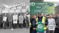 Mr Alan Fisher (white mac), general secretart of NUPE, and Mr David Basnett (centre, tallest), general secretary of the General and Municipal Workers' Union, at the head of a mass march to Parliament where public services workers planned to lobby MPs as part of a 