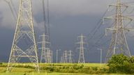 Electricity cables and pylons lit by the evening sun