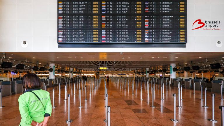 The departures hall at Brussels airport during a general strike in the city on Monday. Pic: AP