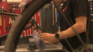 A bike being serviced at a repair shop