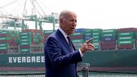 U.S. President Joe Biden walks after speaking during a visit to the Port of Los Angeles, during the Ninth Summit of the Americas in Los Angeles, California, U.S., June 10, 2022. REUTERS/Kevin Lamarque
