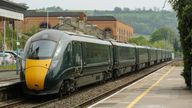 STROUD, ENGLAND - April 23, 2019: Great Western Railway engine arriving at the Stroud train station, cotswold area.