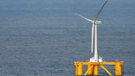 IWAKI, Japan - Photo taken from a Kyodo News helicopter on Nov. 11, 2013, shows a wind turbine on a floating wind farm set up on the sea some 20 kilometers off Naraha town in Fukushima Prefecture. The Fukushima Floating Offshore Wind Farm, an experimental project by the University of Tokyo and 10 companies, commenced generating electricity the same day through the wind turbine, its first one. (Kyodo via AP Images)