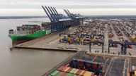 The world's largest cargo ship Ever Ace, holder of the record for most containers loaded onto a single ship, is unloaded at the Port of Felixstowe in Suffolk, Britain's biggest and busiest container port. Picture date: Sunday June 19, 2022.

