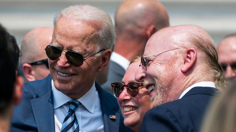 Manchester United chairman Avie Glazer with President Joe Biden in July 2021. Pic: AP