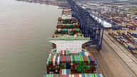 The world's largest cargo ship Ever Ace, holder of the record for most containers loaded onto a single ship, arrives at the Port of Felixstowe in Suffolk, Britain's biggest and busiest container port. Picture date: Sunday June 19, 2022.
