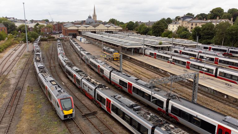 Trains sit on the tracks at Norwich railway station, as rail services have been severely disrupted as members of the Transport Salaried Staffs Association (TSSA) and the Rail, Maritime and Transport (RMT) union strike in a continuing row over pay, jobs and conditions. Picture date: Thursday August 18, 2022.

