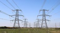 Electricity pylons carry power away from Dungeness nuclear power station in Kent as the National Grid warned that a record low demand for electricity during the UK's coronavirus lockdown could lead to windfarms and power plants being turned off to avoid overloading the electricity grid.