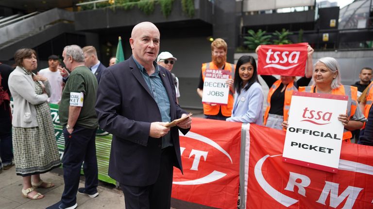 Mick Lynch, general secretary of the Rail, Maritime and Transport union (RMT) on the picket line outside London Euston train station. Picture date: Thursday August 18, 2022.

