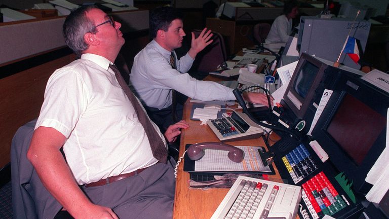 STERLING CRISIS: Traders at the National Westminster Bank in the City of London monitor currency fluctuations in the wake of the Chancellor of the Exchequer's statement.
Read less
Picture by: Neil Munns/PA Archive/PA Images
Date taken: 26-Aug-1992