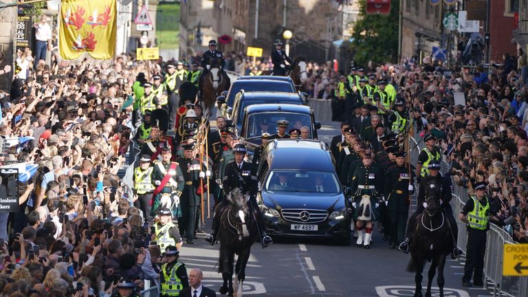 King Charles III and members of the royal family join the procession of Queen Elizabeth's coffin from the Palace of Holyroodhouse to St Giles' Cathedral, Edinburgh.Picture date: Monday September 12, 2022.
