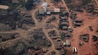 An aerial view of logs cut from Amazon rainforest near the BR-319 in the city of Realidade