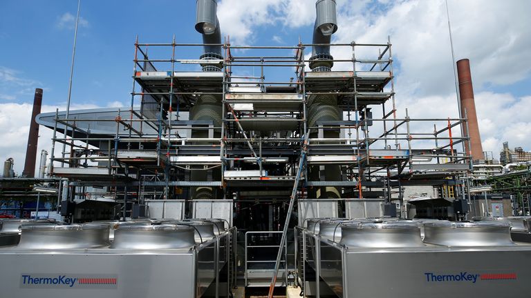 A general view of hydrogen electrolysis plant called 'REFHYNE', one of the world's first green hydrogen plants, during a launch event at Shell's Rhineland refinery