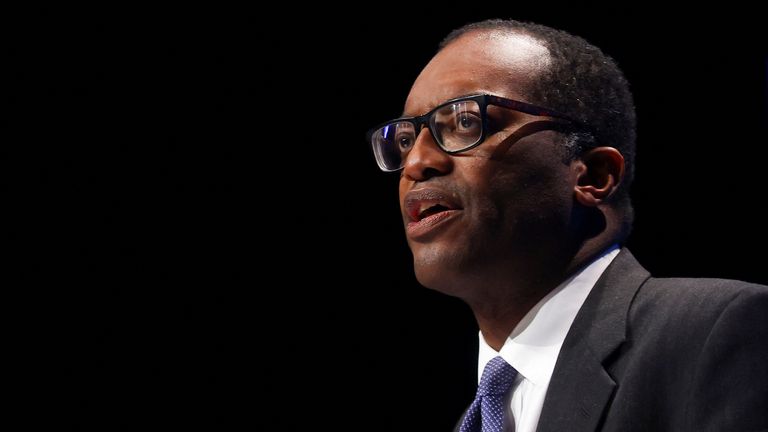 British Chancellor of the Exchequer Kwasi Kwarteng speaks during Britain's Conservative Party's annual conference in Birmingham, Britain, October 3, 2022. REUTERS/Hannah McKay