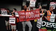 Members of the Transport Salaried Staffs' Association (TSSA) and the Rail, Maritime and Transport union (RMT) are joined by their families on the picket line outside London Euston train station as members of both unions take part in a fresh strike over jobs, pay and conditions. Picture date: Wednesday July 27, 2022.