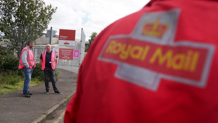 Royal Mail workers from the Communication Workers Union (CWU) on the picket line at the Glasgow Mail Centre in August