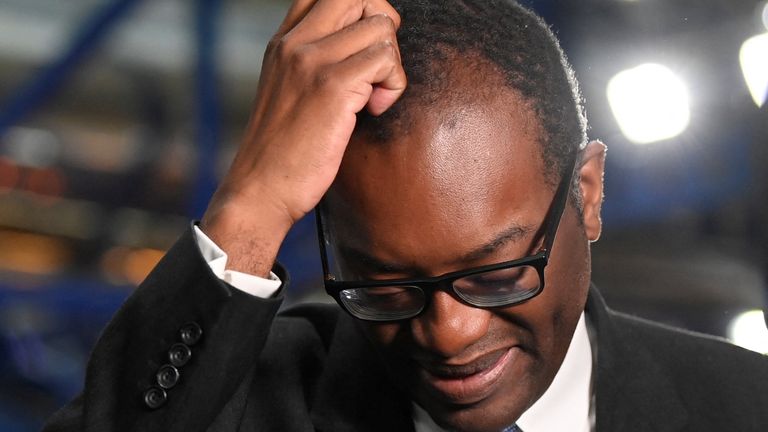 British Chancellor of the Exchequer Kwasi Kwarteng reacts during a television interview at Britain's Conservative Party's annual conference in Birmingham, Britain, October 3, 2022. REUTERS/Toby Melville
