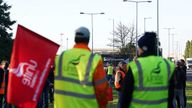 Members of the Unite union man a picket line at one of the entrances to the Port of Felixstowe in Suffolk in a long-running dispute over pay. Around 1,900 union members at the port are walking out for a second time, until October 5, following an eight-day stoppage last month. Picture date: Tuesday September 27, 2022.