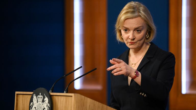 Prime Minister Liz Truss during a press conference in the briefing room at Downing Street, London. Picture date: Friday October 14, 2022.