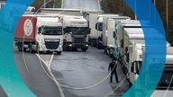 A lorry driver views the queue of lorries on the M20 as lorries wait to enter the Eurotunnel site in Folkestone, Kent, due to heavy freight traffic.