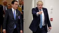 Japanese Prime Minister Fumio Kishida and British Prime Minister Boris Johnson attend a bilateral meeting during a NATO summit to discuss Russia's invasion of Ukraine, at the alliance's headquarters in Brussels, Belgium March 24, 2022. REUTERS/Henry Nicholls/Pool
