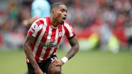 Brentford's Ivan Toney grimaces during the English Premier League soccer match between Brentford and Arsenal, at the Gtech Community stadium, London, Sunday, Sept.18, 2022. (AP Photo/David Cliff)