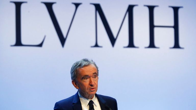 CEO of LVMH Bernard Arnault presents the group's 2019 results during a press conference, in Paris, Tuesday, Jan. 28, 2020. (AP Photo/Thibault Camus)