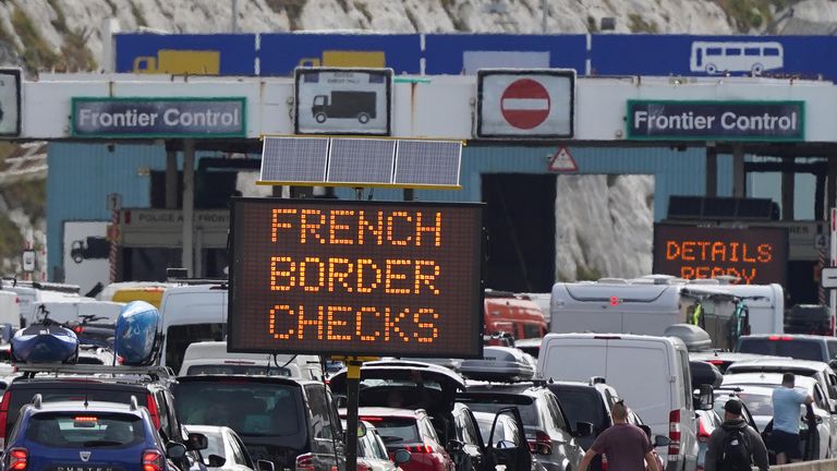 Car queue at the check-in at Dover Port in Kent as many families embark on getaways at the start of summer holidays for many schools in England and Wales. Staffing at French border control at the Port of Dover is "woefully inadequate" causing holidaymakers to be stuck in long queues, the Kent port said. Picture date: Friday July 22, 2022.