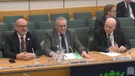 (left to right) ASLEF General Secretary Mick Whelan, TSSA Interim General Secretary Frank Ward and RMT General Secretary Mick Lynch, appearing before the Transport Select Committee in the House of Commons, London, to answer questions on the rail strikes. Picture date: Friday December 10, 2021.
