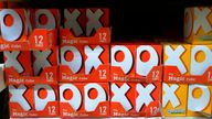 Boxes of OXO stock cubes are seen on the shelf of a supermarket in Manchester March 2016