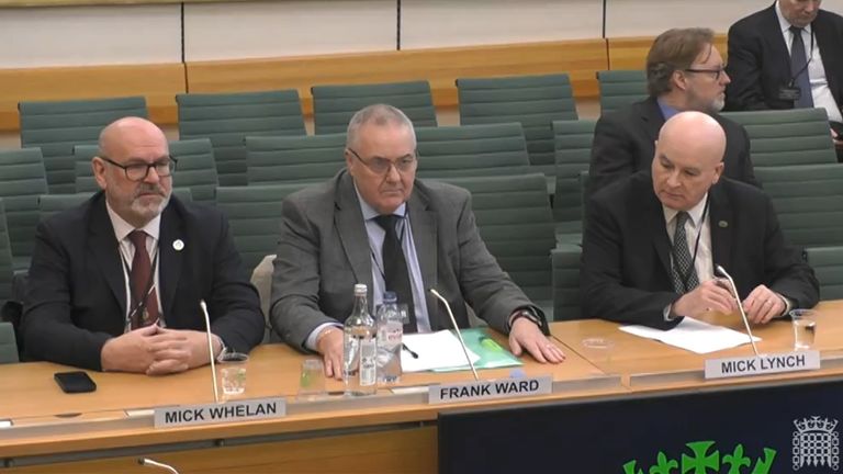 (left to right) ASLEF General Secretary Mick Whelan, TSSA Interim General Secretary Frank Ward and RMT General Secretary Mick Lynch, appearing before the Transport Select Committee in the House of Commons, London, to answer questions on the rail strikes. Picture date: Friday December 10, 2021.
