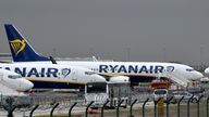 A parked Ryanair aircraft at Sch'nefeld airport, during the strikes in 2018. Pic: AP